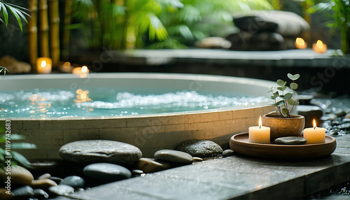 A tranquil bathroom featuring a deep soaking tub surrounded by smooth river stones, with bamboo acce photo