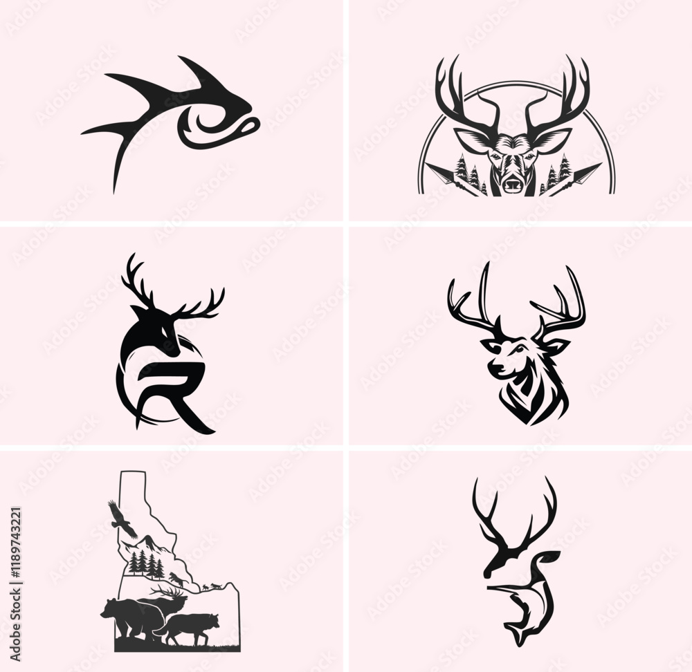 hunting Deer Duck and fish minimalist logo design hunting Deer Duck and fish minimalist logo design