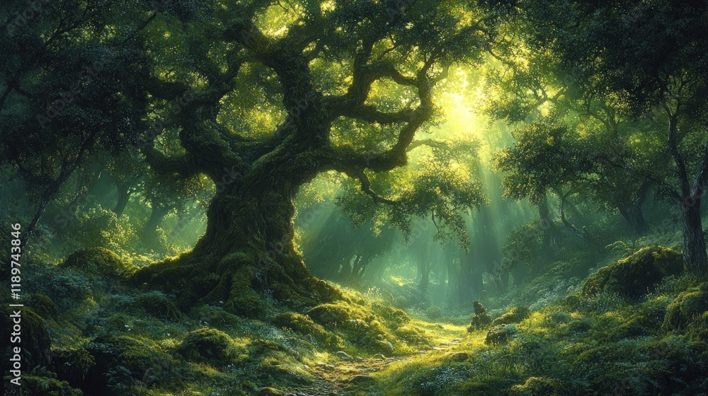 Sunlit path through a mystical forest with a large, moss-covered tree. Sunlit path through a mystical forest with a large, moss-covered tree.