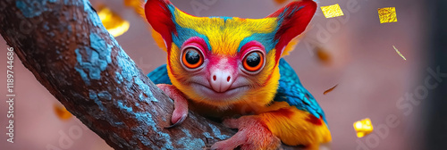 Vibrant fantasy creature perched on a branch. photo