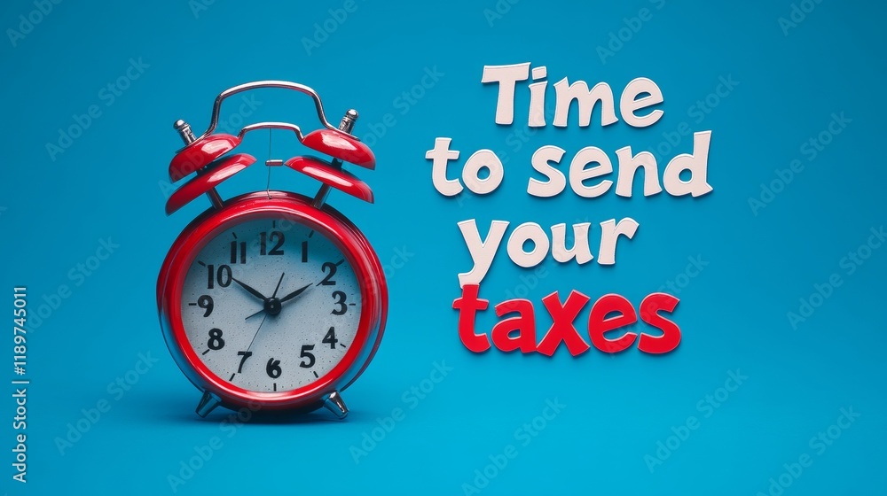 Time To Pay Taxes Concept Red Alarm Clock On Blue Background With Striking 3D Text Reminder Time To Pay Taxes Concept Red Alarm Clock On Blue Background With Striking 3D Text Reminder