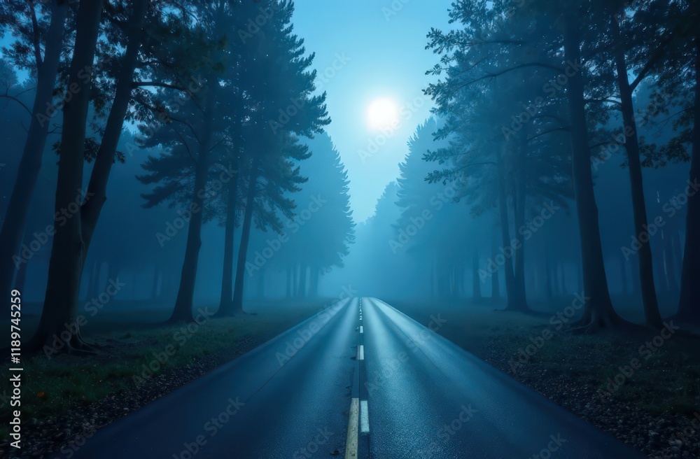 Fototapeta premium Fog In Spooky Forest At Moon Light On Asphalt - Abstract Bokeh