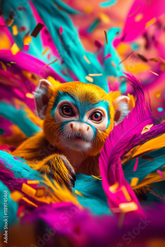 Vibrant monkey portrait in colorful feathers