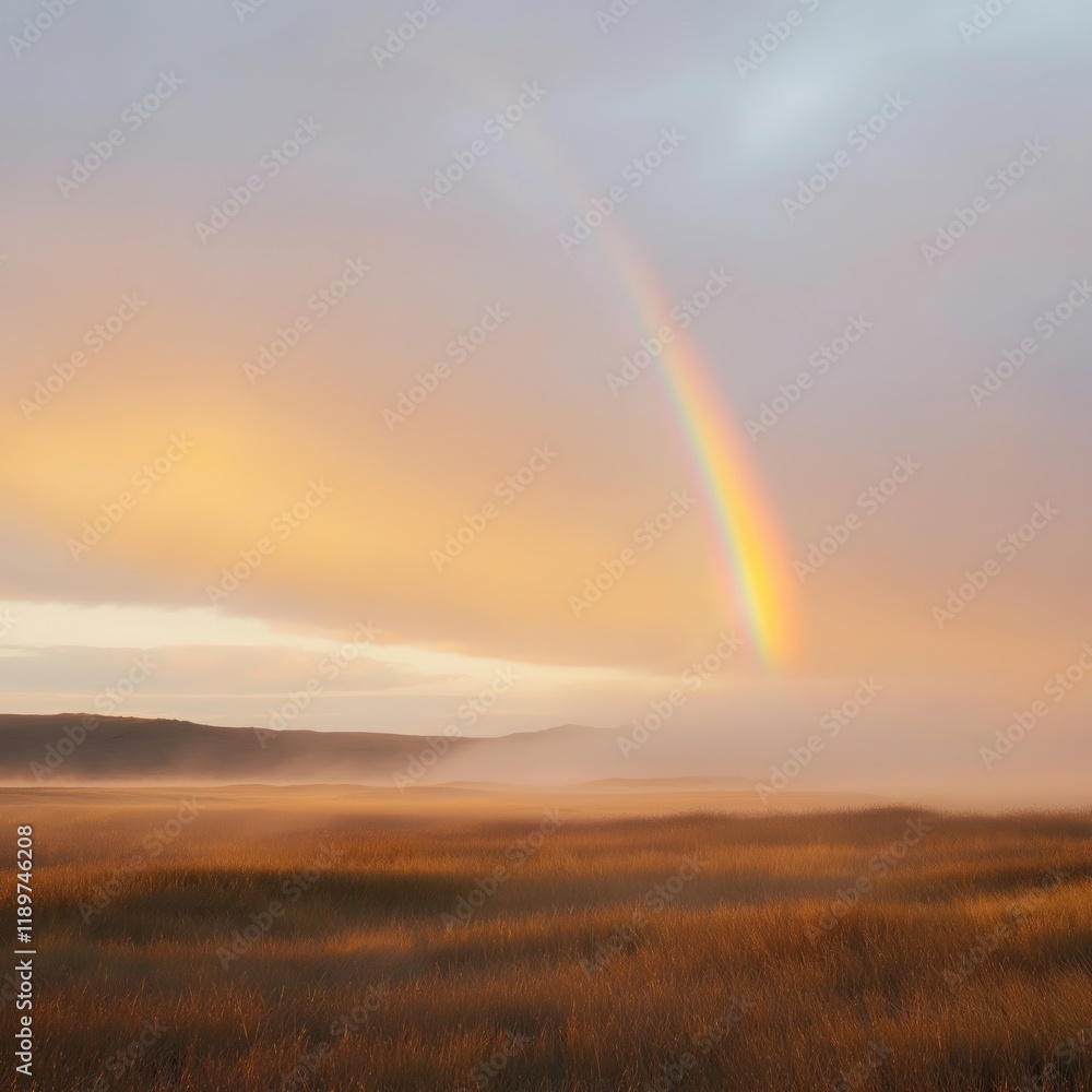 Fototapeta premium Serene misty landscape at sunset. Stunning rainbow arches over tranquil field of tall grass. Warm hues paint sky. Misty air creates dreamlike ambience. Scenic view of tranquil evening landscape.