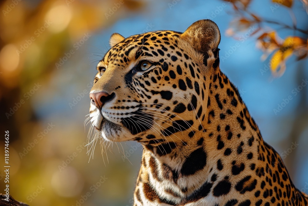 Obraz premium Majestic jaguar in profile, showcasing its striking coat and intense gaze.