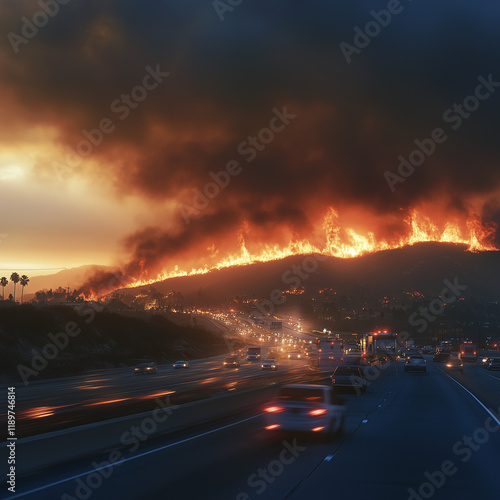 Dramatic California Wildfire Near Brentwood: Photo-realistic Stock Image of LA Blaze, Evacuations & Emergency Response