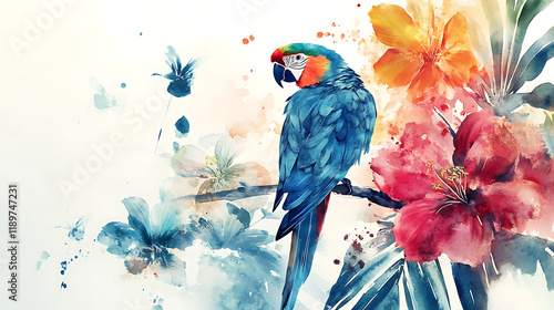 Fototapeta Naklejka Na Ścianę i Meble -  A vibrant watercolor of a parrot perched on a branch surrounded by tropical flowers 