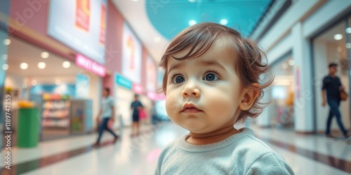 A young child stands intently in the middle of a lively shopping mall, surrounded by family members and colorful storefronts, discovering the excitement around them