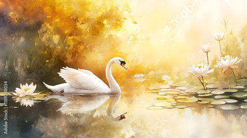 Fototapeta Naklejka Na Ścianę i Meble -  A watercolor scene of a swan gliding on a still lake surrounded by lilies and golden light 