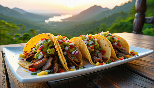 A vibrant platter of gourmet tacos filled with pulled pork, fresh guacamole, and colorful pickled ve