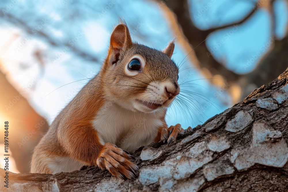 Fototapeta premium A curious red squirrel perched on a tree branch, bathed in the warm glow of the setting sun.