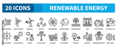 RENEWABLE ENERGY icon collection set. Containing wind energy, turbine, windmill, recycle, hydropower, geothermal, solar panels, biomass icon. Simple black outline vector.