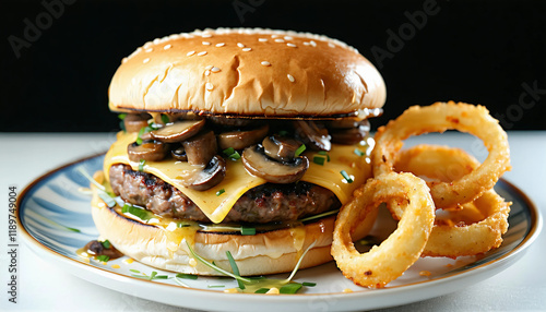 A hearty beef patty topped with melted Swiss cheese and sautéed mushrooms, nestled in a toasted sesa photo