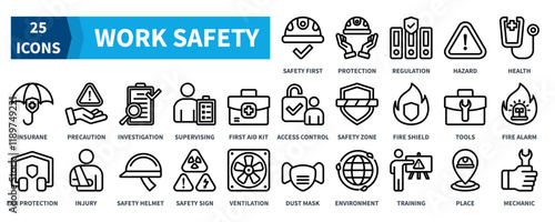 WORK SAFETY icon collection set. Containing safety first, protection, regulation, hazard, health, insurance, first aid kit icon. Simple black outline vector.