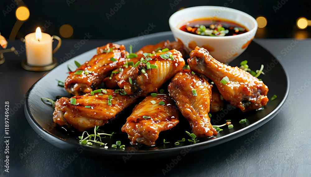 Fototapeta premium A polished black platter of golden-brown chicken wings drizzled with a honey glaze, surrounded by sp