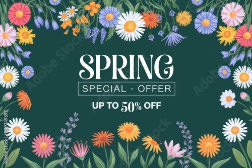 Floral spring sale banner with colorful flowers on dark background