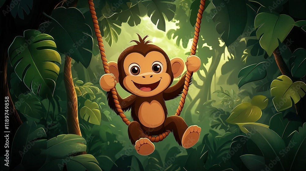 Naklejka premium Cartoon monkey swings happily in rich jungle. Adorable animal character plays in nature. Childrens illustration perfect for books zoo themes. Fun playful animal in wild setting. Vivid colors create
