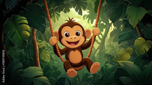 Cartoon monkey swings happily in rich jungle. Adorable animal character plays in nature. Childrens illustration perfect for books zoo themes. Fun playful animal in wild setting. Vivid colors create photo