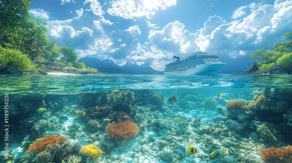 Tropical beach, crystal-clear water, vibrant coral reef, cruise ship, sunny sky.