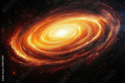 Vibrant Cosmic Spiral Galaxy in Impressionism Style with Swirling Orange and Yellow Light photo