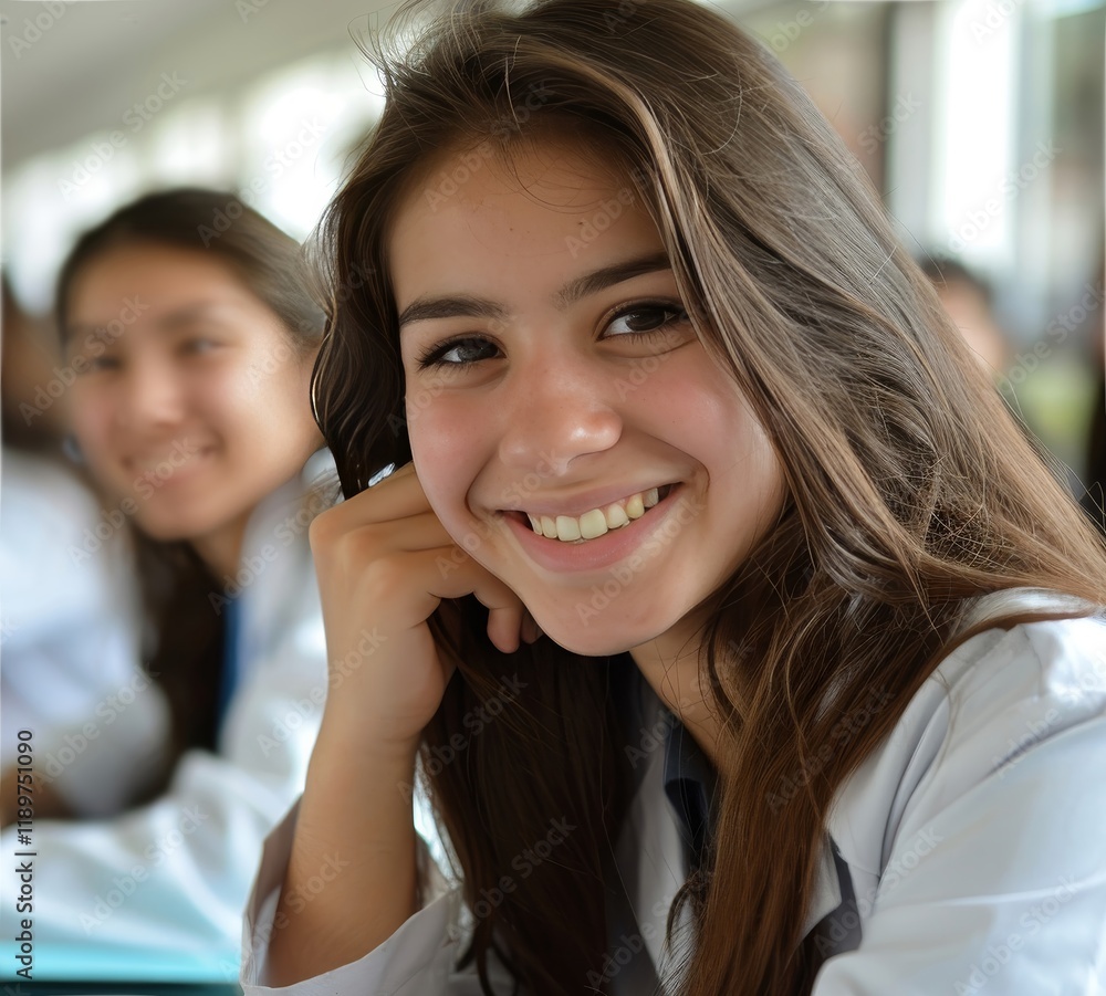 A cheerful student poses with a bright smile, showcasing enthusiasm and confidence in a lively classroom environment, surrounded by classmates in similar attire, fostering a positive atmosphere. A cheerful student poses with a bright smile, showcasing enthusiasm and confidence in a lively classroom environment, surrounded by classmates in similar attire, fostering a positive atmosphere.