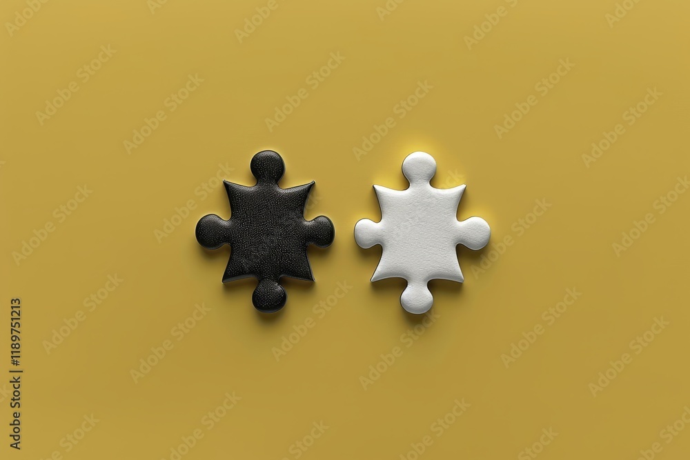 Obraz premium Two puzzle pieces, one black and one white, are positioned side by side against a vibrant yellow background. The colors highlight the contrast and uniqueness of each piece.