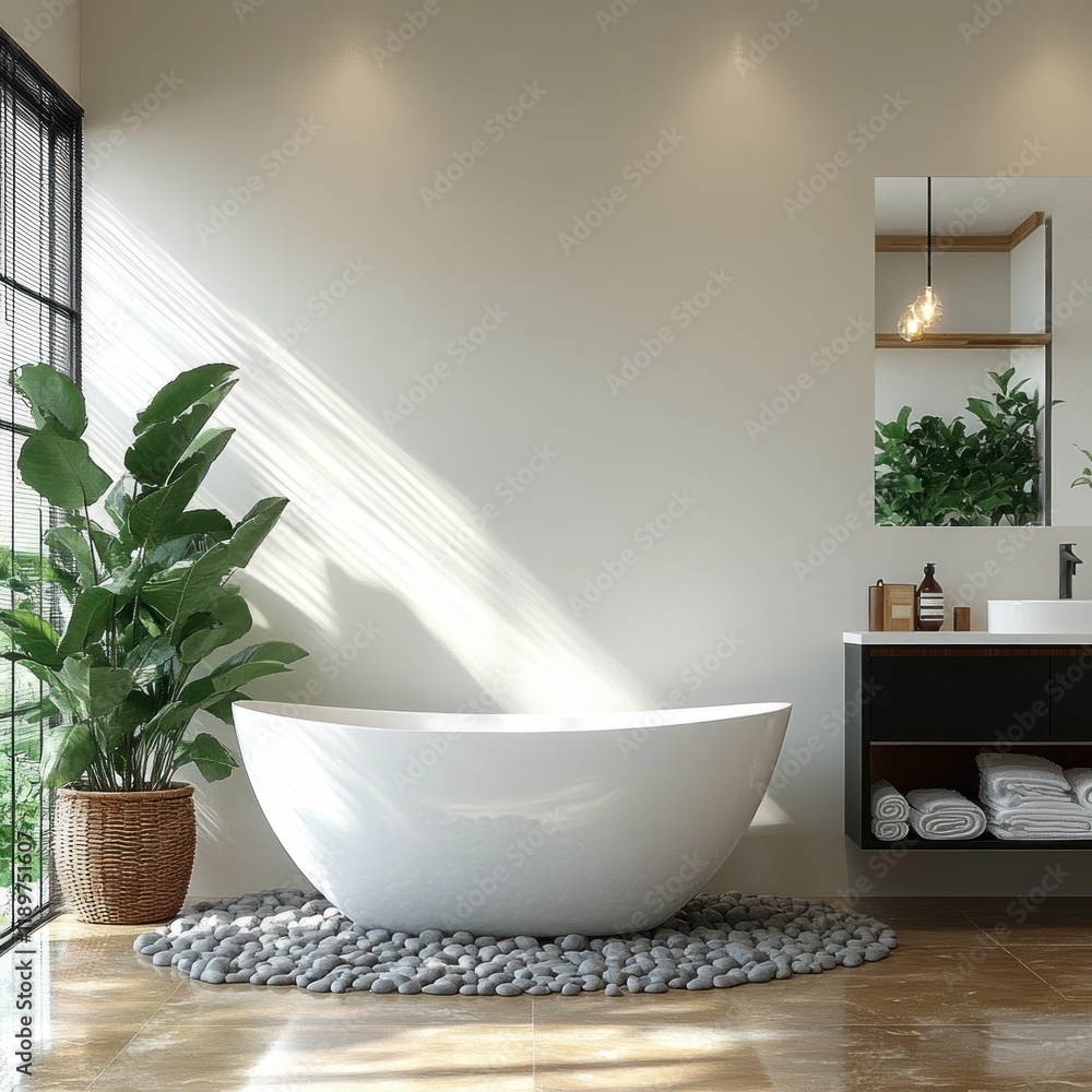 Serene Modern Bathroom with Freestanding Tub and Green Plant in Scandinavian Style Serene Modern Bathroom with Freestanding Tub and Green Plant in Scandinavian Style
