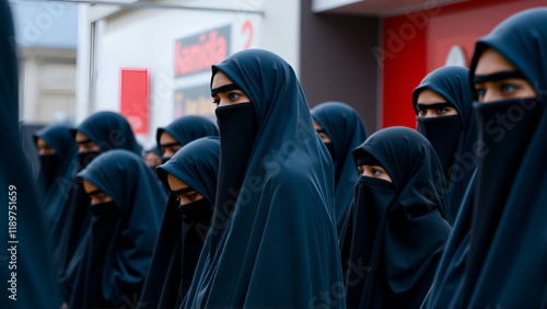 A group of women in burkas standing in a line.  image. photo