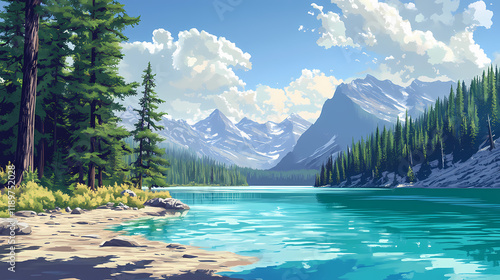 Scenic lakeshore creek with fir trees and clear turquoise water. Lakeshadow. Illustration photo