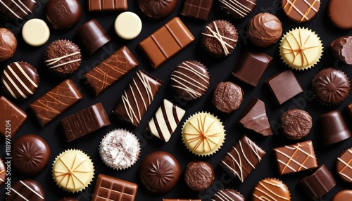 Exquisitely Arranged Assortment of Chocolate Treats on Black Background