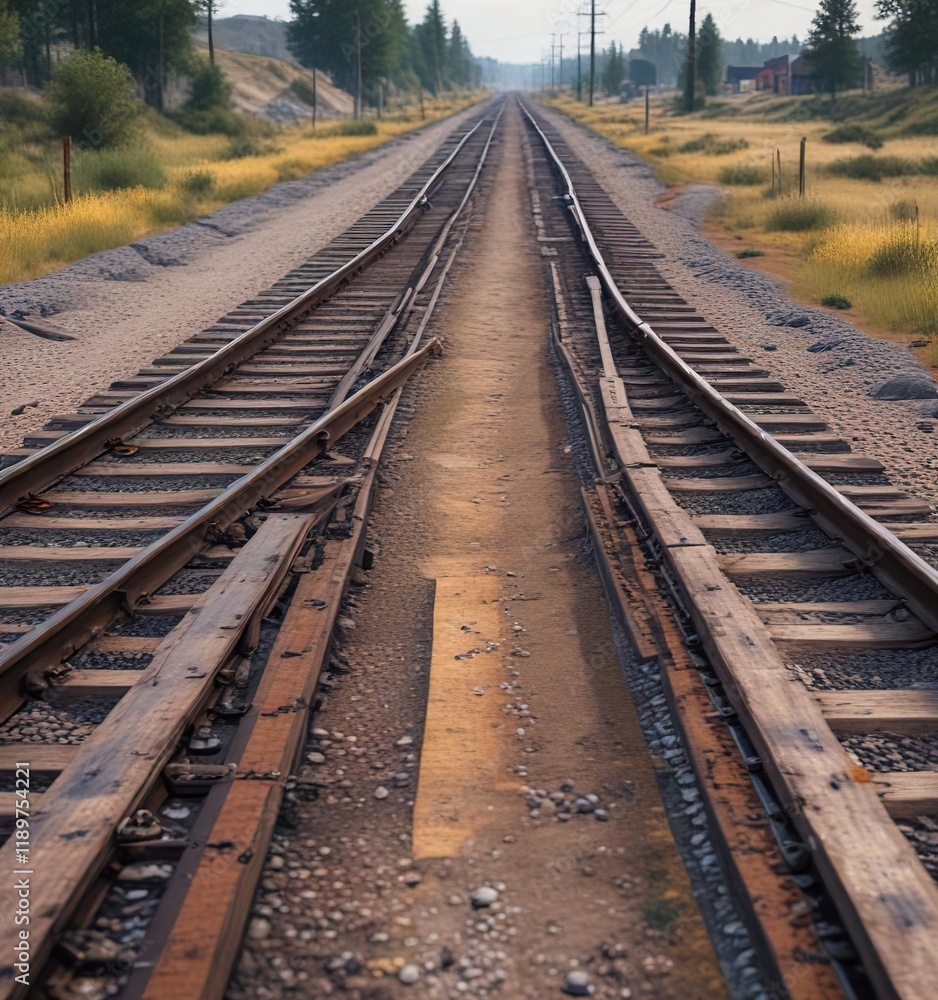 Obraz premium Railroad tracks splitting into two distinct paths, splitting tracks, parallel splitting