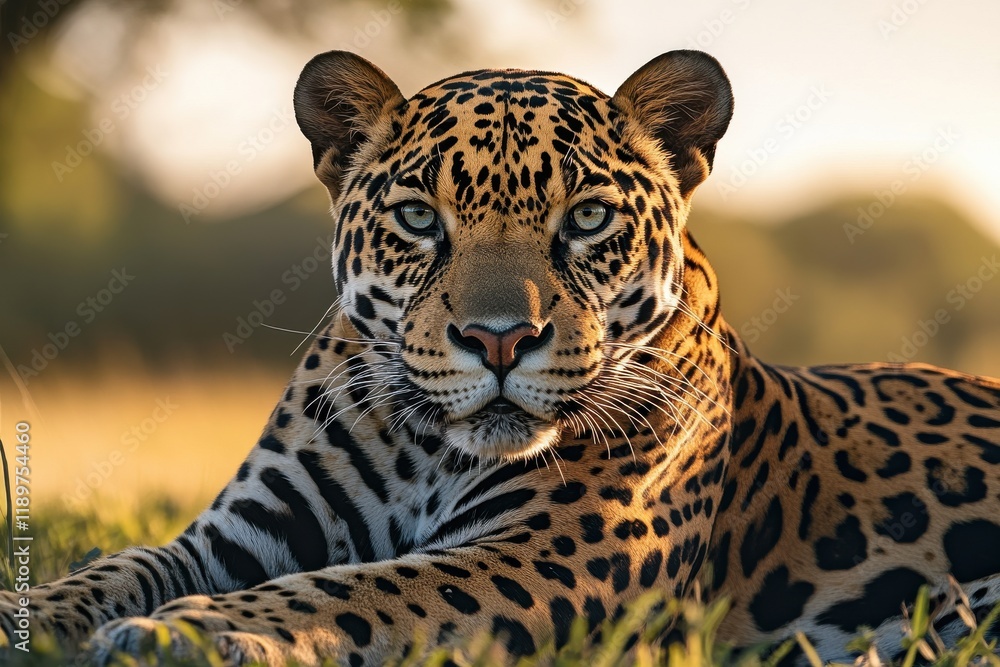 Obraz premium Majestic jaguar resting in the golden hour light. Its striking coat and intense gaze command attention.