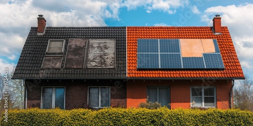 Old red brick house with two different roof sections. One section weathered dark gray roof, newly installed orange tiled roof with solar panels. Maintenance work visible. Home positioned in yard with photo