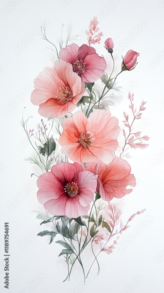 Fototapeta premium Watercolor Pink Poppies: Elegant Floral Painting