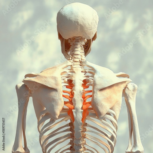 Detailed Anatomical Illustration of Human Skeleton and Spine with Erector Spinae Muscles Highlighted in Rear View photo