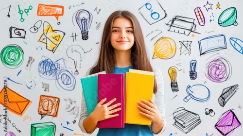 A young woman student holds books in her hands, surrounded by colorful education icons in a doodle sketch style. photo