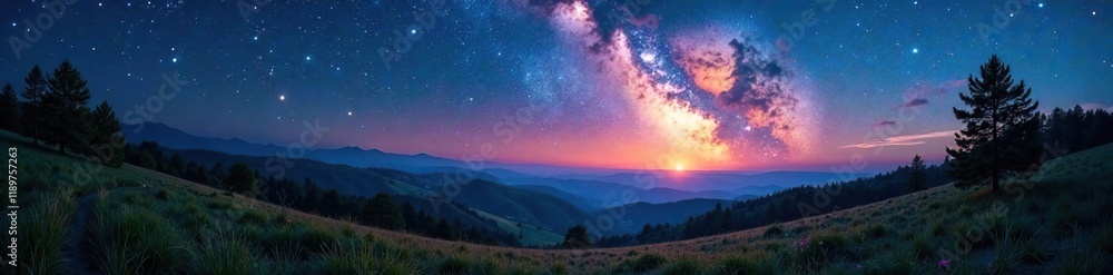 Fototapeta premium Rolling hills and landscape with Milky Way arch shining through gaps of trees at dusk, hills, night sky