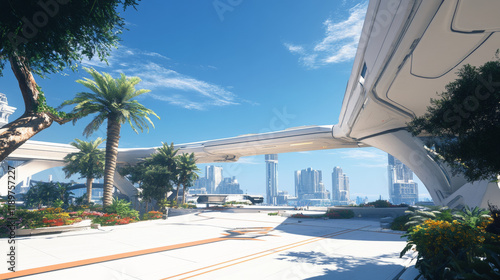 Empty square floor and bridge with city skyline under blue sky photo