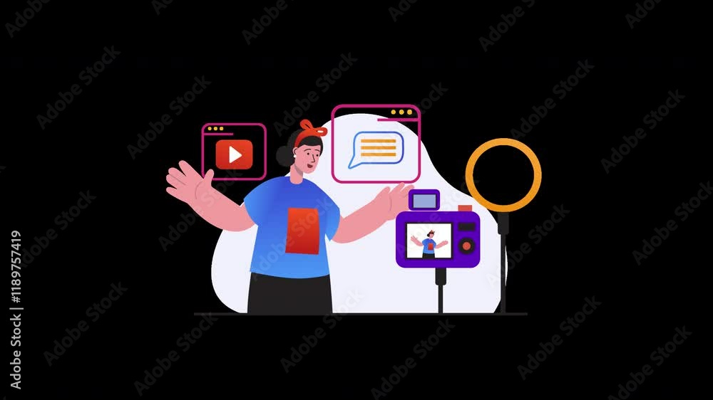 A person with a red hair accessory presents digital content with speech bubbles and a camera setup in a vibrant, animated style.