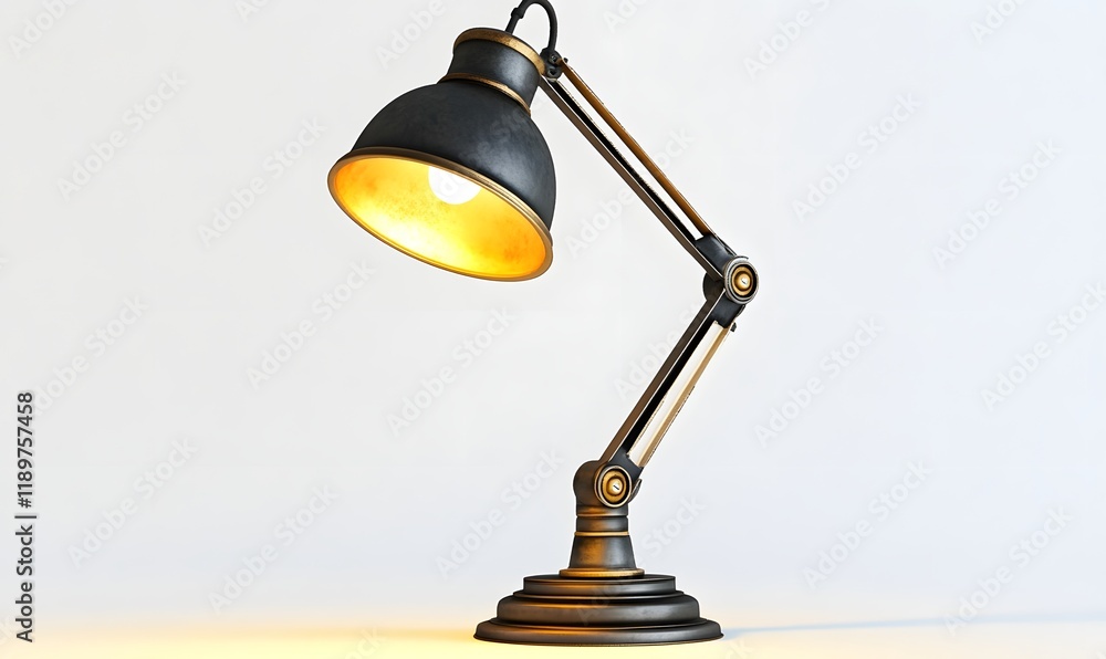 Black adjustable desk lamp with gold accents, illuminated. Black adjustable desk lamp with gold accents, illuminated.