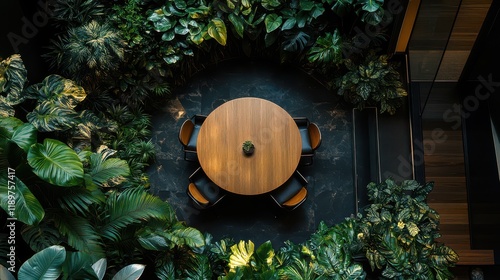 An aerial view of a round wooden table surrounded by lush plants in a dimly lit office space. photo