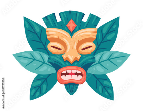 Ceremonial tiki totem mask. Wooden ethnic tiki mask, african or hawaiian idol flat vector illustration. Cartoon tribal ritual mask