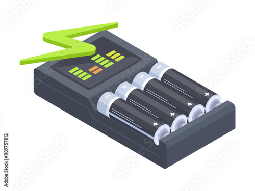 Isometric alkaline accumulators. Batteries in charger, power electricity elements flat vector illustration. Electricity charging batteries on white background