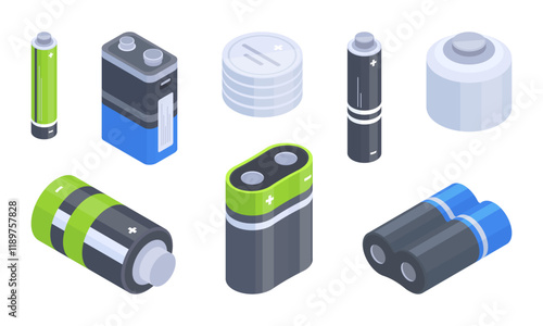 Isometric battery cell. Rechargeable alkaline accumulators, powering electronic devices, power supplies for compact devices flat vector illustration set. Various batteries on white