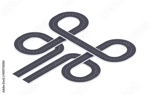 Isometric winding road. City map road, roadmap pathway, asphalt road crossroad 3d vector illustration. Roadmap pathway