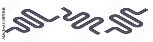 Urban winding roads. Isometric winding crossroads, roadmap pathway 3d vector illustration set. City intersection paths