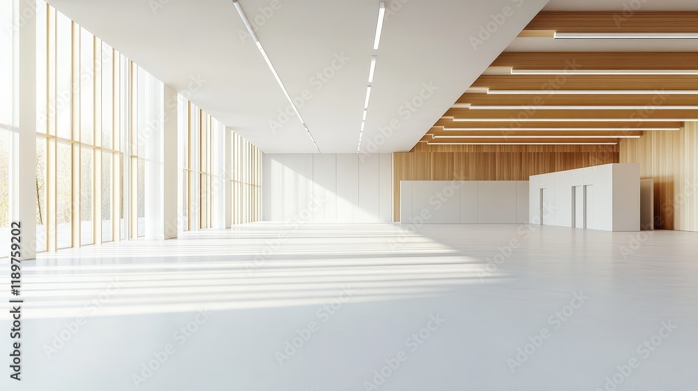 Fototapeta premium An empty office hall featuring a clean white color scheme combined with natural wooden accents, creating a professional and inviting space.