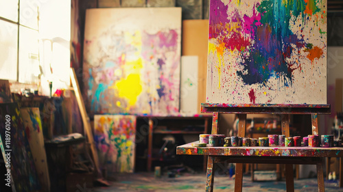 A vibrant artist’s studio with colorful paint splatters, expressive canvases, and a creatively chaotic atmosphere—ideal for artistic lifestyle, inspiration, and design-related projects.