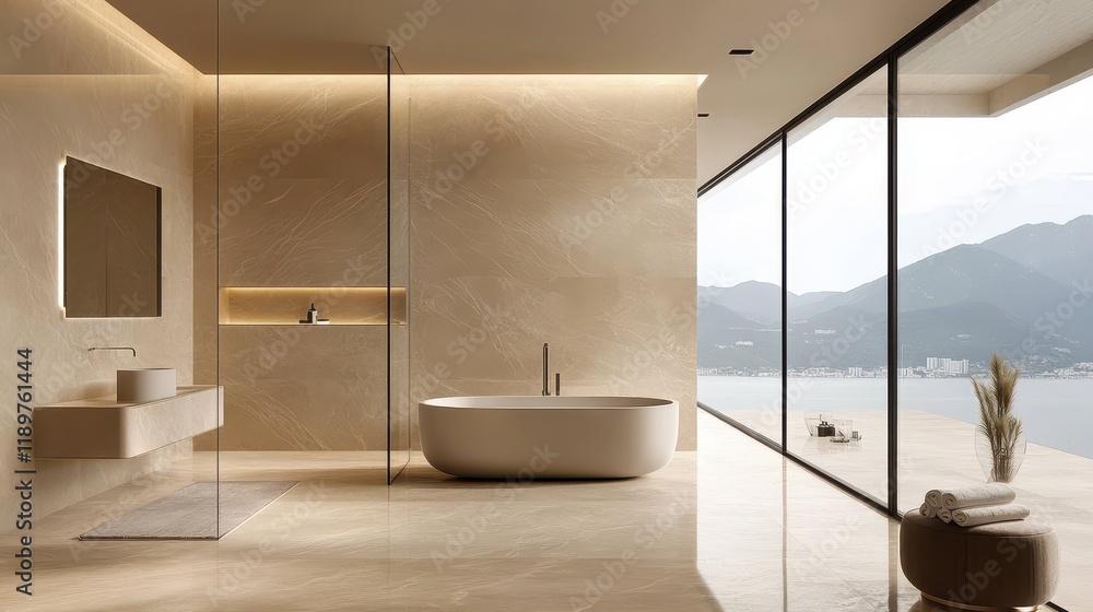 Fototapeta premium A beige home bathroom interior with a sleek glass shower and a window, providing a stylish and functional space.
