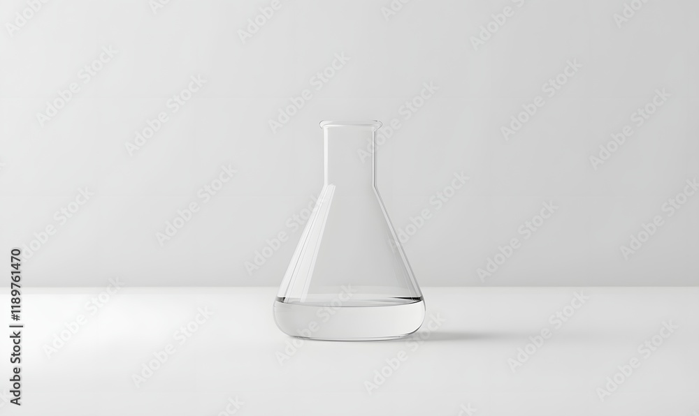 Clear glass Erlenmeyer flask with liquid on white background. Clear glass Erlenmeyer flask with liquid on white background.